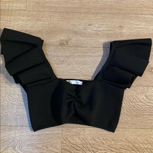 Black Cropped Puff/Ruffle Sleeve Shirt